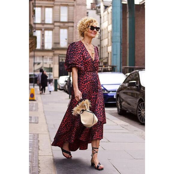 Ganni Dresses & Skirts - Ganni The Bijou Red Leopard Puff Sleeve Wrap Maxi Dress Size 42 EU